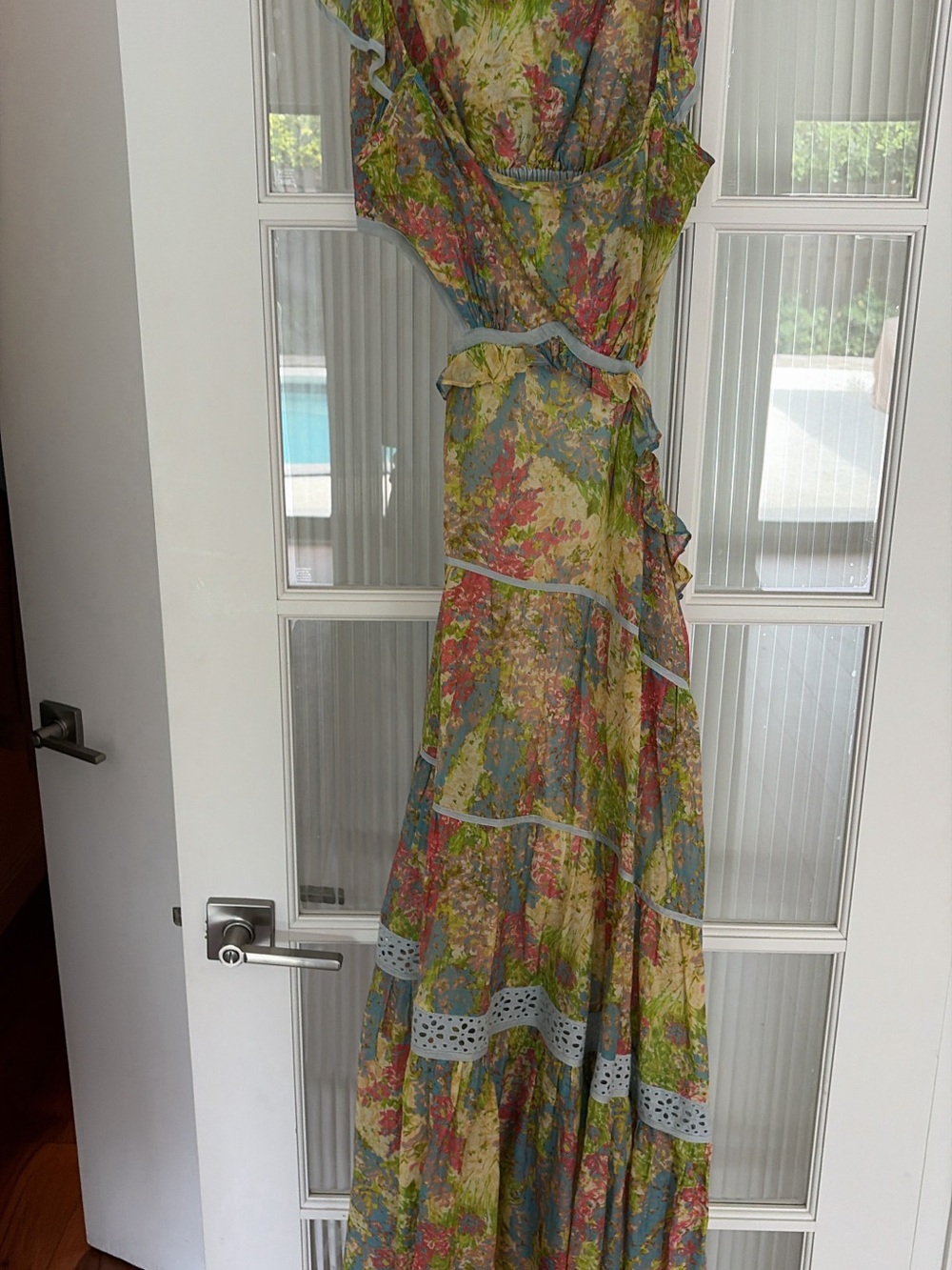 LoveShackFancy Backless Floral Maxi Dress in Blue, Green, Pink & Cream